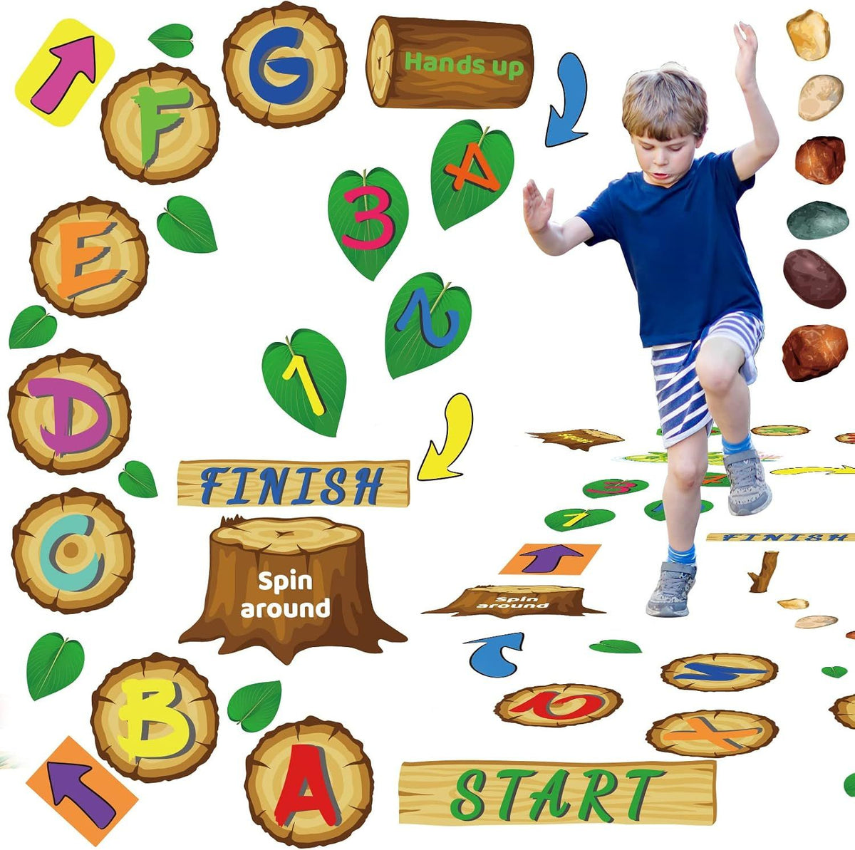 115 Pieces Hopscotch Floor Decals Alphabet Number Jungle Theme Educational Floor Stickers for Kids Room Nursery Classroom Playroom, 14 x 11 inches