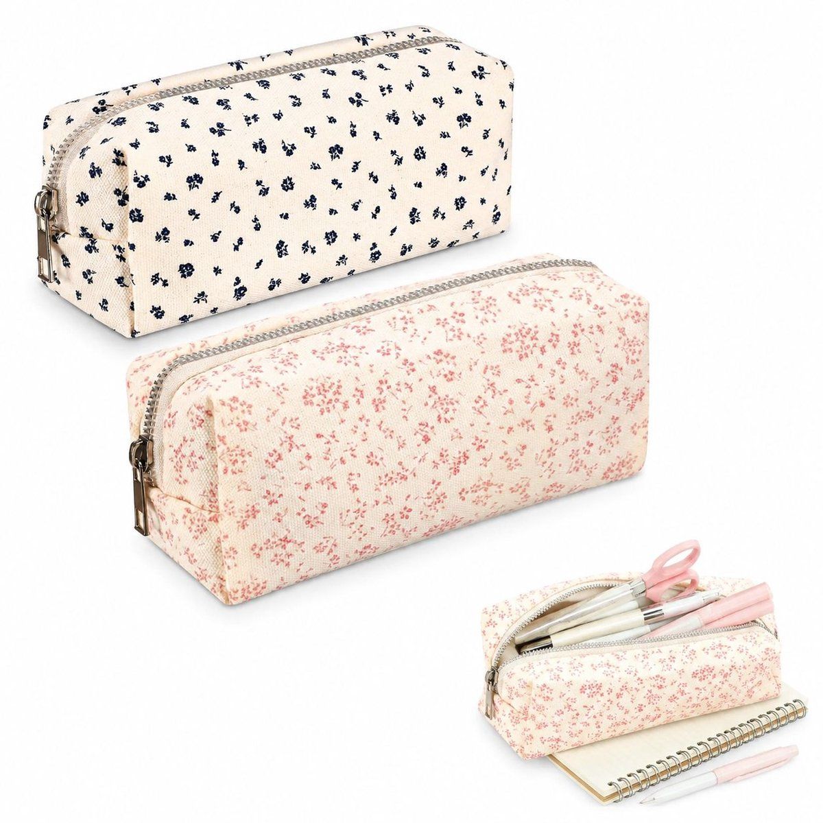 Floral Pencil Pouch Set of 2, Large Capacity Aesthetic Pen Case for Girls, Zipper Stationery Bag for School Supplies and Makeup, Pink and Light Blue