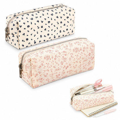 Floral Pencil Pouch Set of 2, Large Capacity Aesthetic Pen Case for Girls, Zipper Stationery Bag for School Supplies and Makeup, Pink and Light Blue