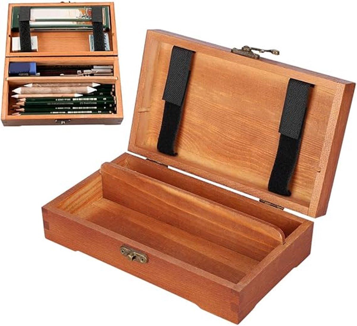 Wooden Pencil Box with Lid Storage Case for Drawing Pencils for School Sketching and Office