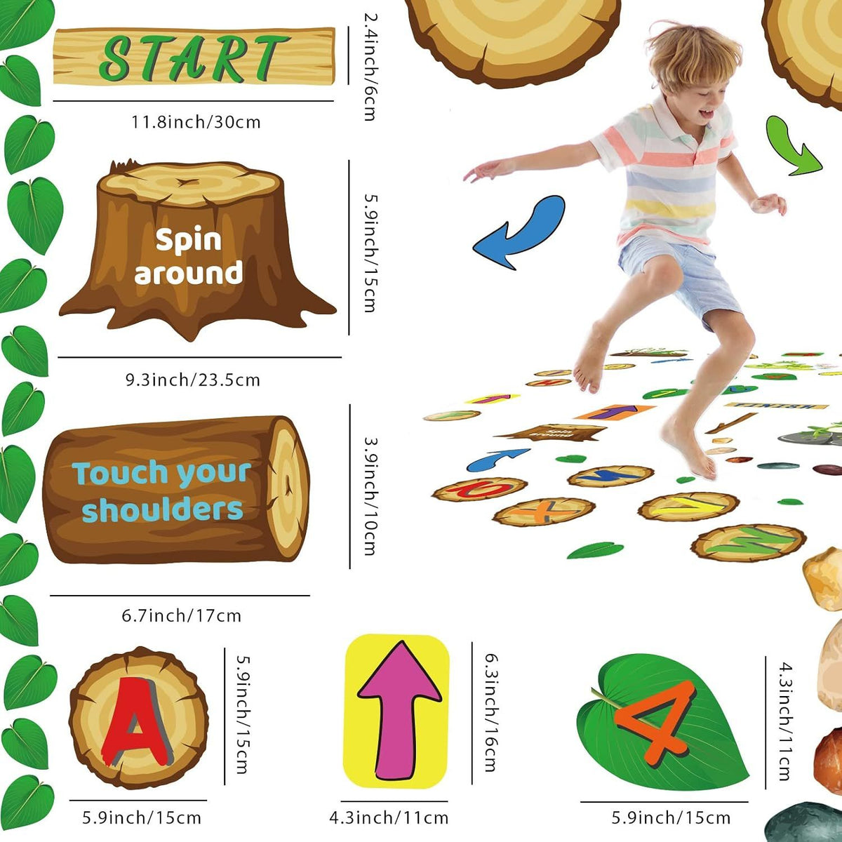 115 Pieces Hopscotch Floor Decals Alphabet Number Jungle Theme Educational Floor Stickers for Kids Room Nursery Classroom Playroom, 14 x 11 inches