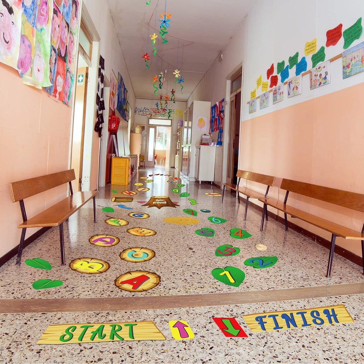 115 Pieces Hopscotch Floor Decals Alphabet Number Jungle Theme Educational Floor Stickers for Kids Room Nursery Classroom Playroom, 14 x 11 inches