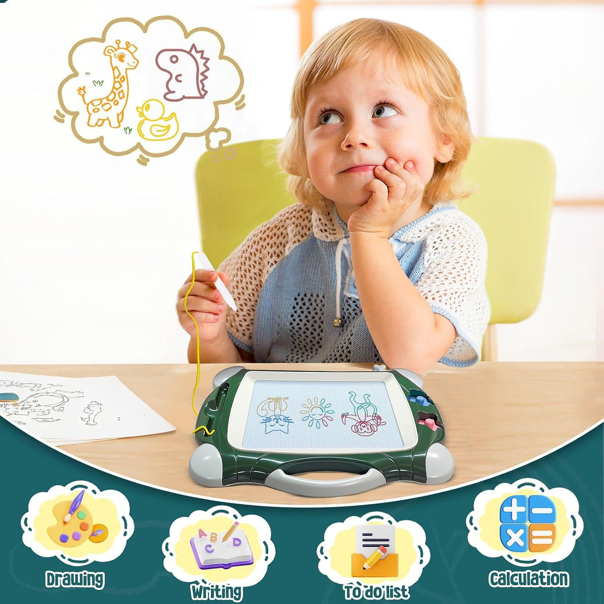 Magnetic Drawing Board for Kids, Erasable Doodle Sketch Writing Board with Pen, Educational Toy Gifts for Boys Girls, Birthday Easter Christmas Gifts, Army Green