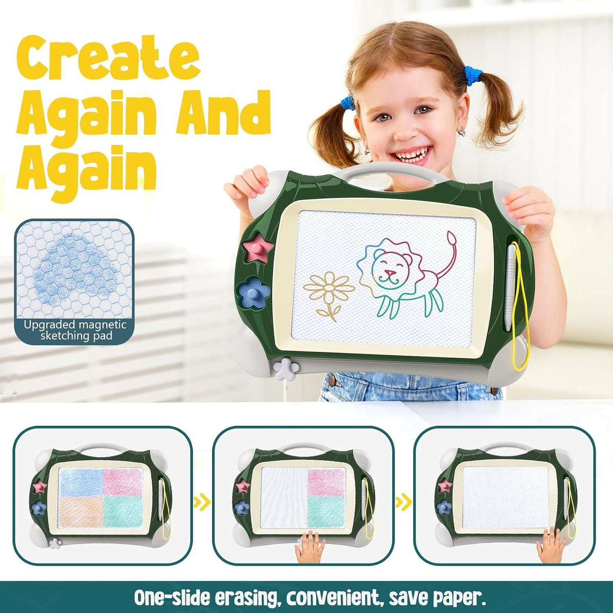 Magnetic Drawing Board for Kids, Erasable Doodle Sketch Writing Board with Pen, Educational Toy Gifts for Boys Girls, Birthday Easter Christmas Gifts, Army Green