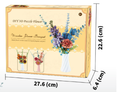 Blue DIY 3D Wooden Flower Bouquet Puzzle Set with Vase - Craft Kit for Kids and Adults