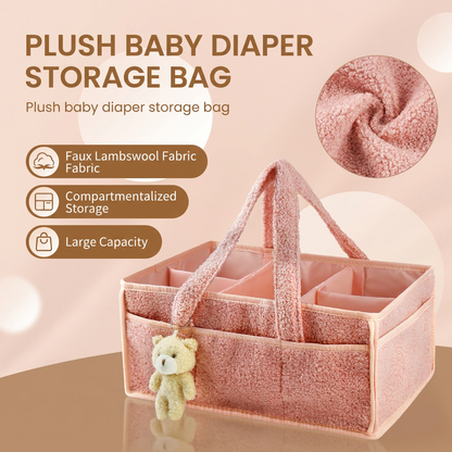 Light Green Large Capacity Plush Baby Diaper Caddy Storage Tote, Foldable Nursery Organizer Bag and Mommy Handbag with Muti Pockets, 4 Adjustable Dividers and Teddy Charm for Travel & Home Use (15.3 x 10.6 x 7")